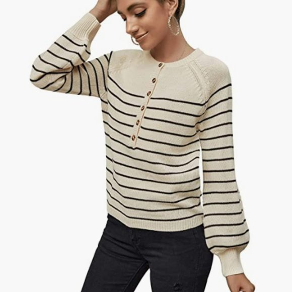 C.C. Boutique Sweaters - NWT Thick Knit Classic Stripe Crew Neck Button Up Lantern Cuffed Sleeve Sweater